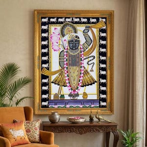Shrinathji Pichwai-målning, handgjord indisk kokonst, naturstensfärger bild 1