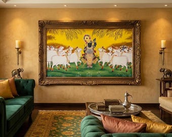 Shreenathji Pichwai Kunstmalerei für Wohnkultur, traditionelles handgemachtes Shri Nath Ji Wandmalerei, Nathdwara Kunstwerk, indische spirituelle Kunst