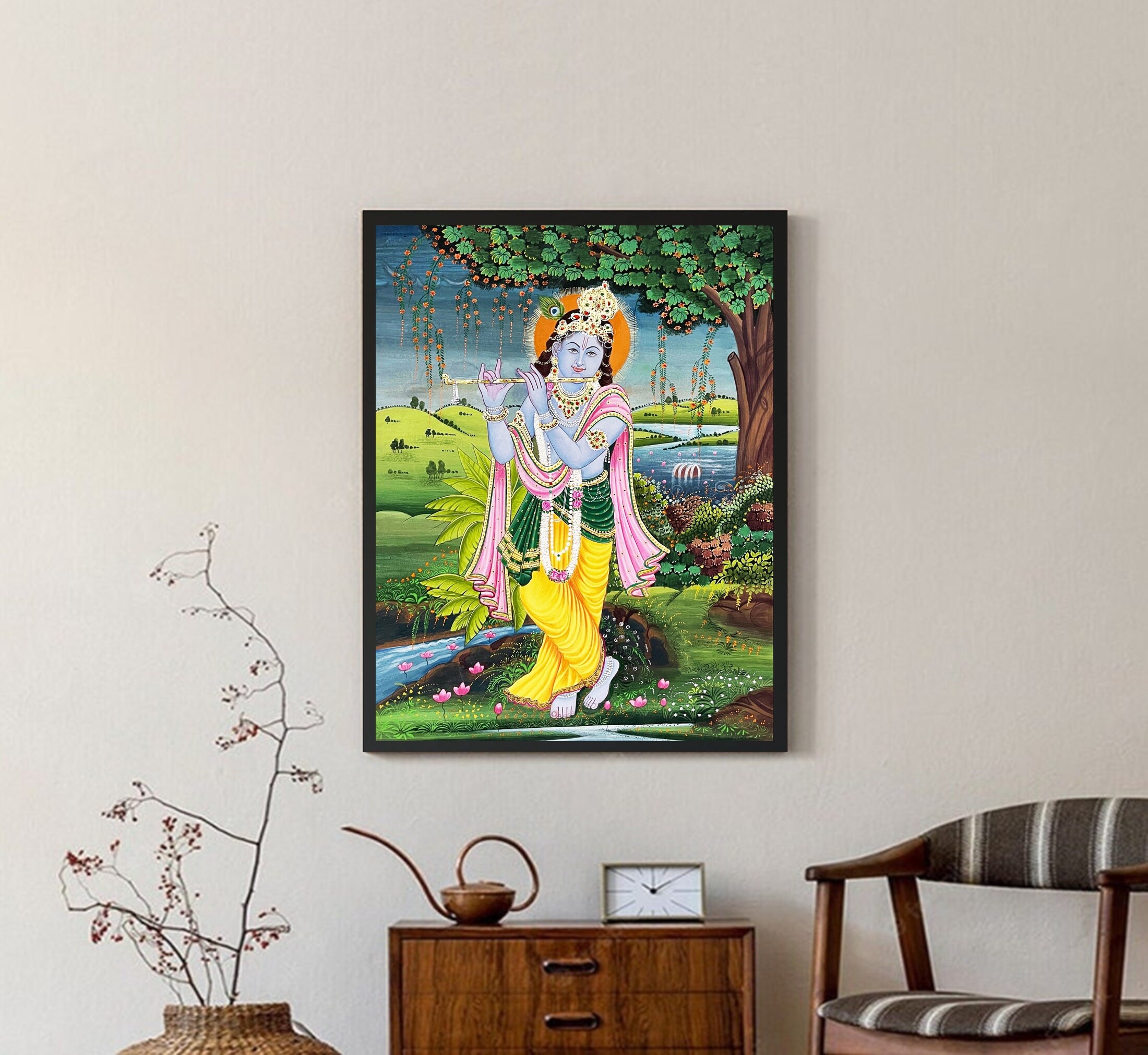 クリシュナの精巧なピチワイの手作り絵画、壁掛けホーム装飾アート