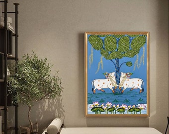 Pichwai Painting Of Cow, Detailed Traditional Indian Pichwai Painting For Home Decor, Wall Decor, Wall Art