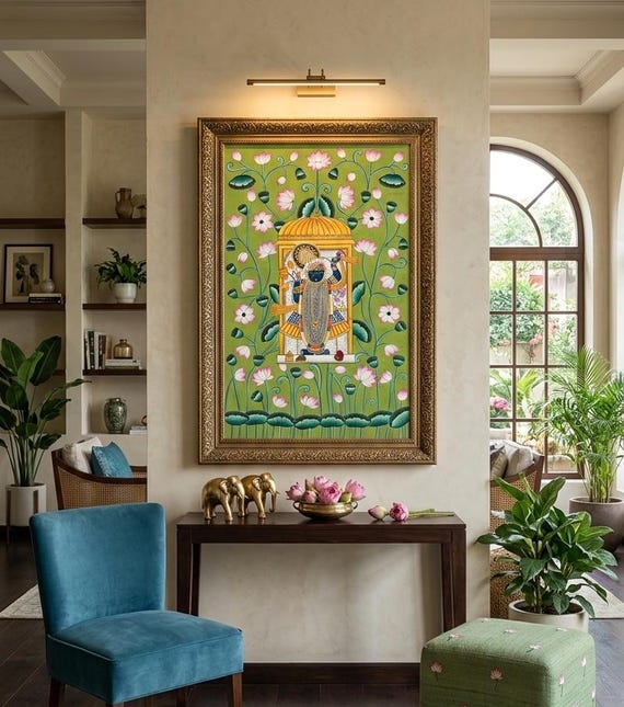 Handmade Shreenathji Pichwai Painting, Natural Stone Color, Indian