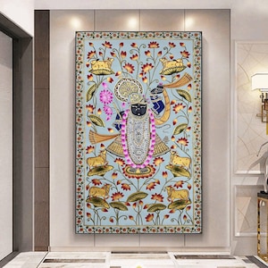 Shrinathji Pichwai Painting, Cow Pichwai Art Handmade Natural Stone color on cloth Indian Decor Paintings, Home decor, Wall Decor