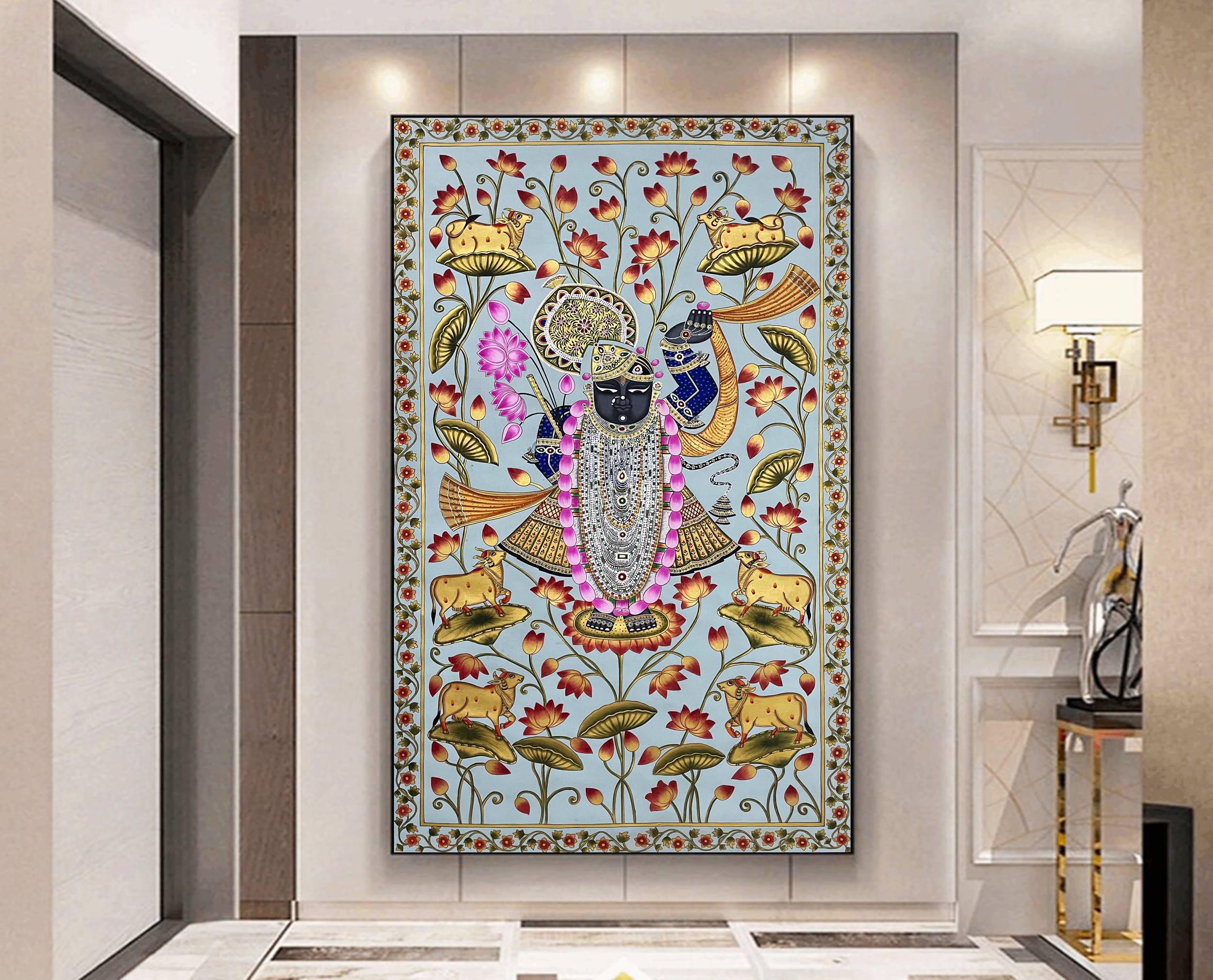 Shrinathji Pichwai Painting, Handmade Cow Art, Indian Home Decor