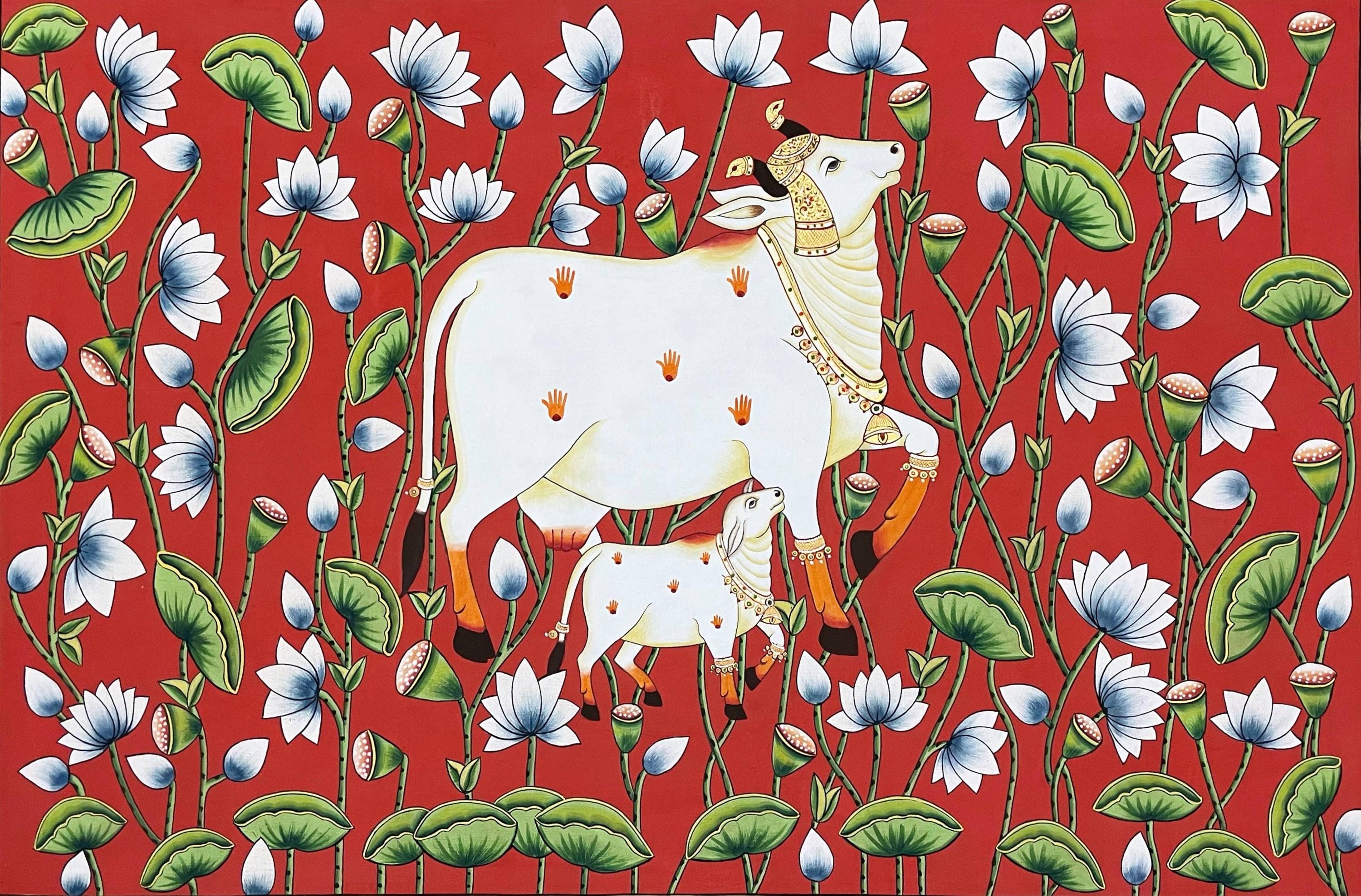 牛と蓮のピチワイ絵画の壁アート作品、伝統的なインドのピチワイ絵画
