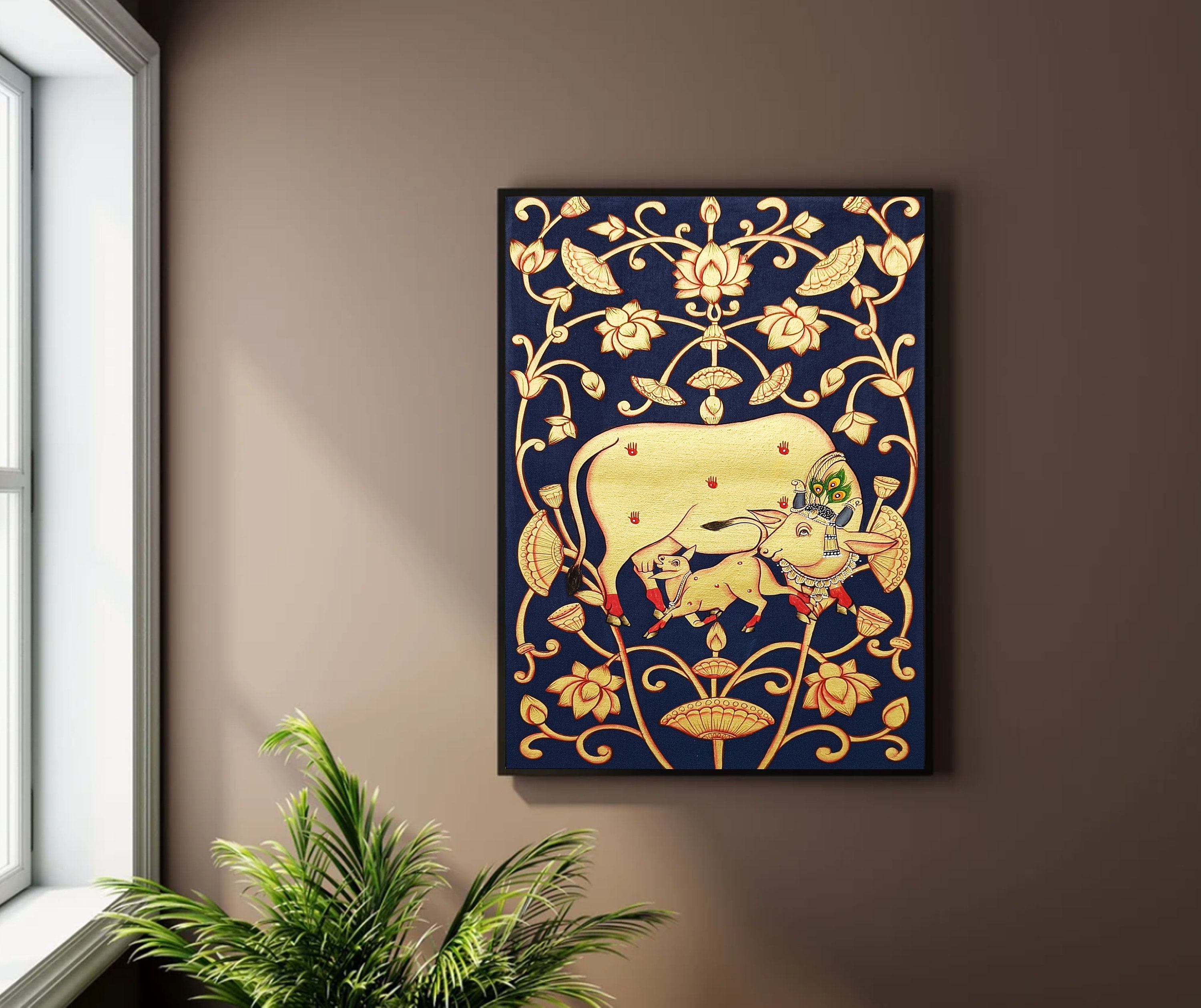 Handmade Pichwai Painting Of Cow And Lotus Golden Wall Art Work,  Traditional Indian Painting For Home Decor, Original Hand Painted Folk Art