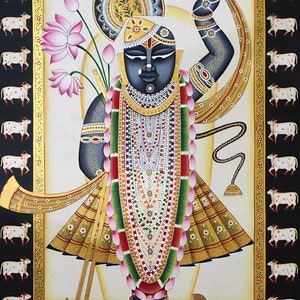 Shrinathji Pichwai-målning, handgjord indisk kokonst, naturstensfärger bild 2