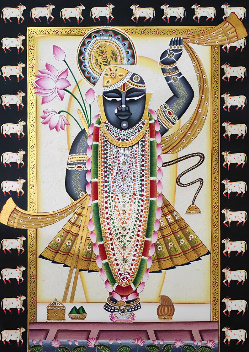 Shrinathji Pichwai-målning, handgjord indisk kokonst, naturstensfärger bild 2