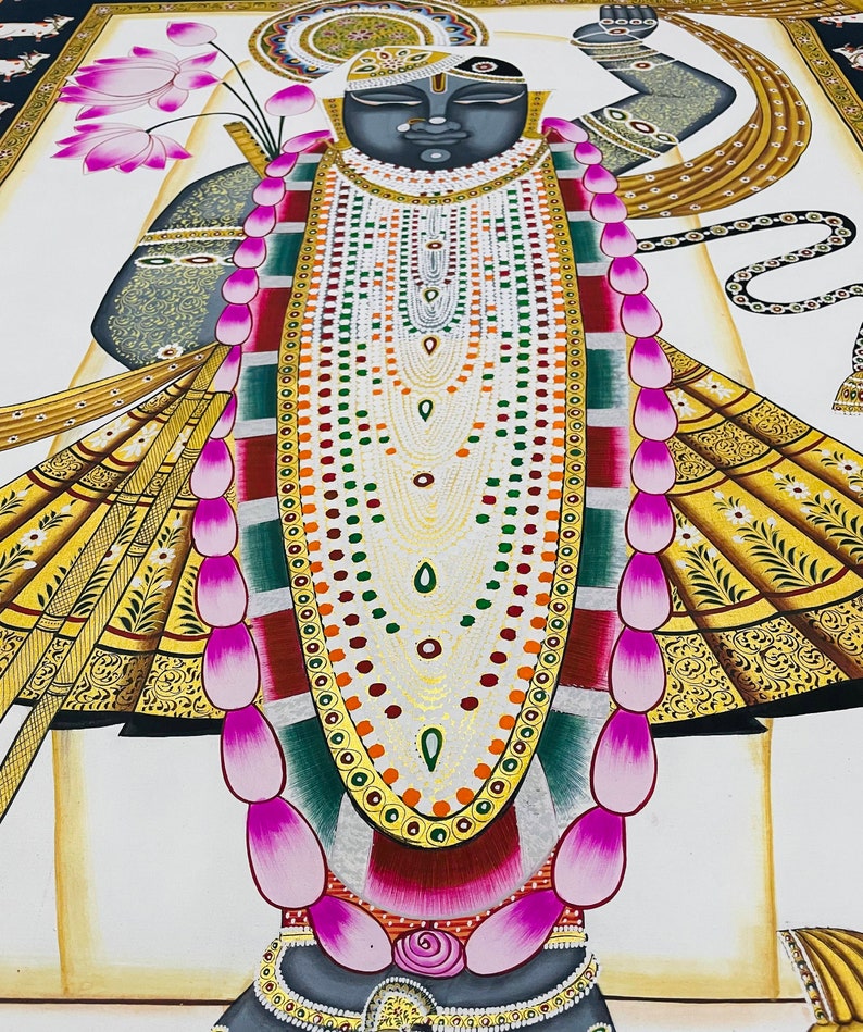 Shrinathji Pichwai-målning, handgjord indisk kokonst, naturstensfärger bild 3