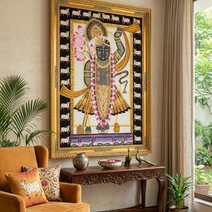 Shrinathji Pichwai-målning, handgjord indisk kokonst, naturstensfärger bild 6
