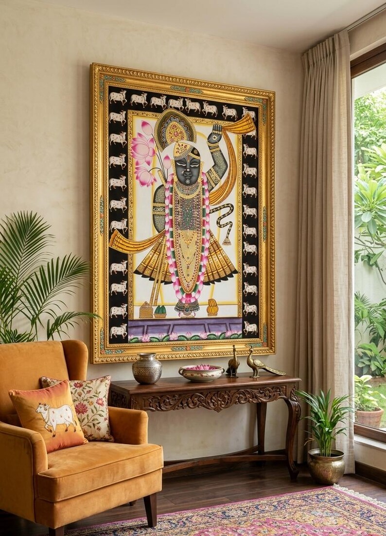Shrinathji Pichwai-målning, handgjord indisk kokonst, naturstensfärger bild 6