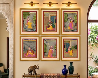 Sakhi-målningar, set om 6 | Handmålad Rajasthani-miniatyrkonst | Inramad