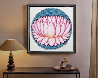 インド手描きピチャワイ画　牛と蓮の花の絵画 手作りの蓮池ピチワイ絵画：インドの花の壁飾り - Etsy 日本