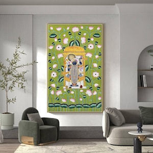 Shrinathji Pichwai Painting, Wall Decor, Cow Pichwai Art Handmade Design Natural Stone color on cloth Indian Decor Paintings, Wall Hanging