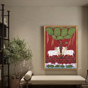 Pichwai Painting Of Cow, Detailed Traditional Indian Pichwai Painting For Home Decor, Wall Decor, Wall Art