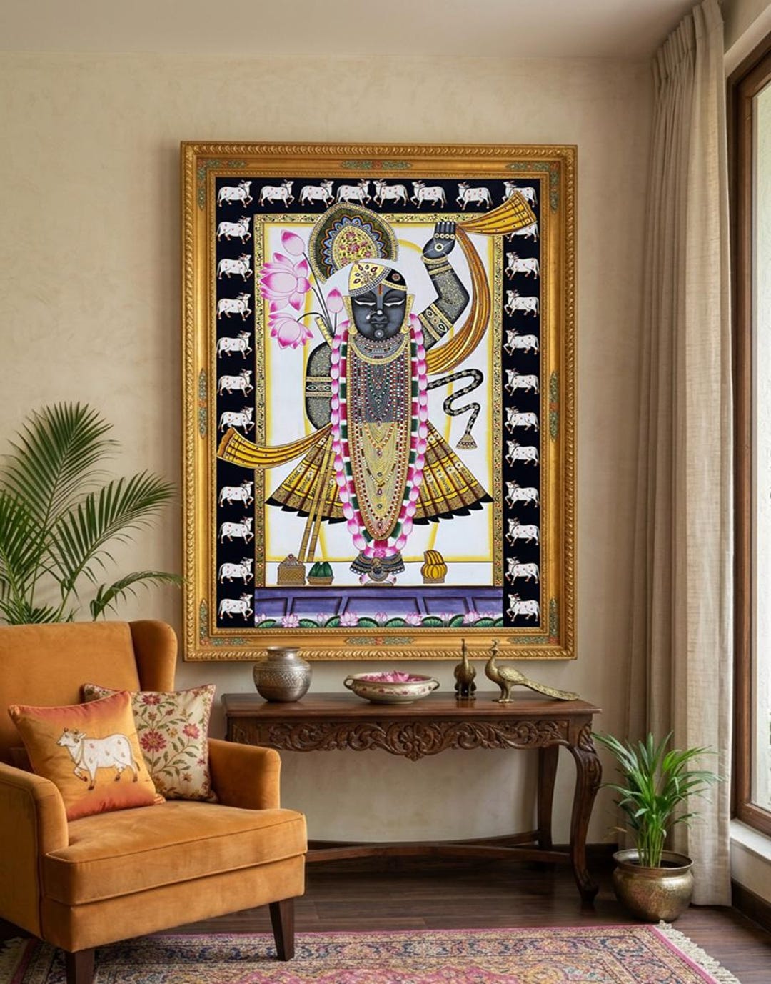 ☆ちゃと☆アウガルテン シロノワズリ Handpainted 貴重 Shrinathji Pichwai Painting, Handmade Indian Cow Art, Natural