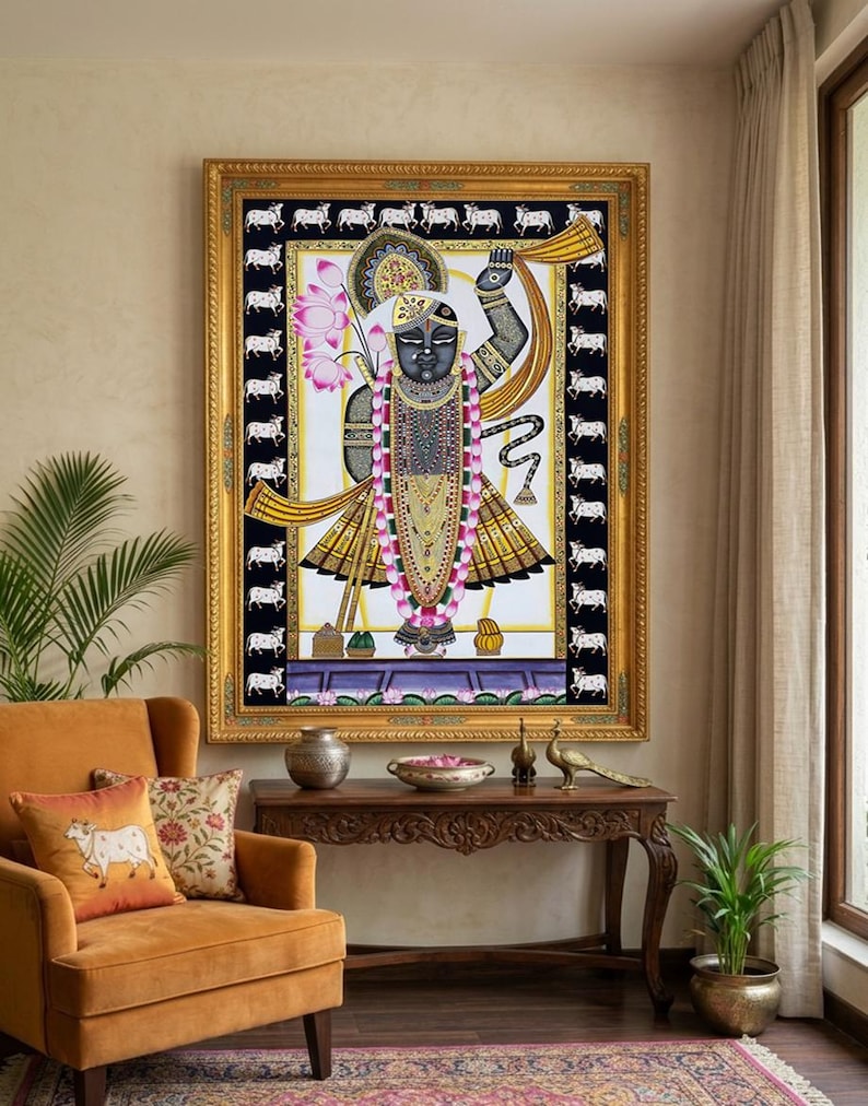 Shrinathji Pichwai-målning, handgjord indisk kokonst, naturstensfärger bild 1
