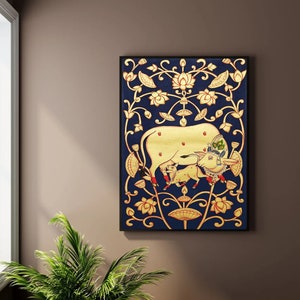 Handmade Pichwai Painting Of Cow And Lotus Golden Wall Art Work, Traditional Indian Painting For Home Decor, Original Hand Painted Folk Art
