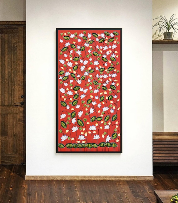 手作りのピチワイ蓮の絵画、ダークブルーの花柄の壁飾り - Etsy 日本