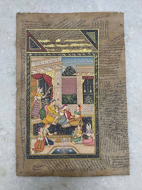 Antique Paper Miniature Painting of Mughal Courtyard, Collectible