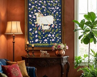 牛のピチワイ絵画、インドの大型民芸品、蓮の装飾 - Etsy 日本