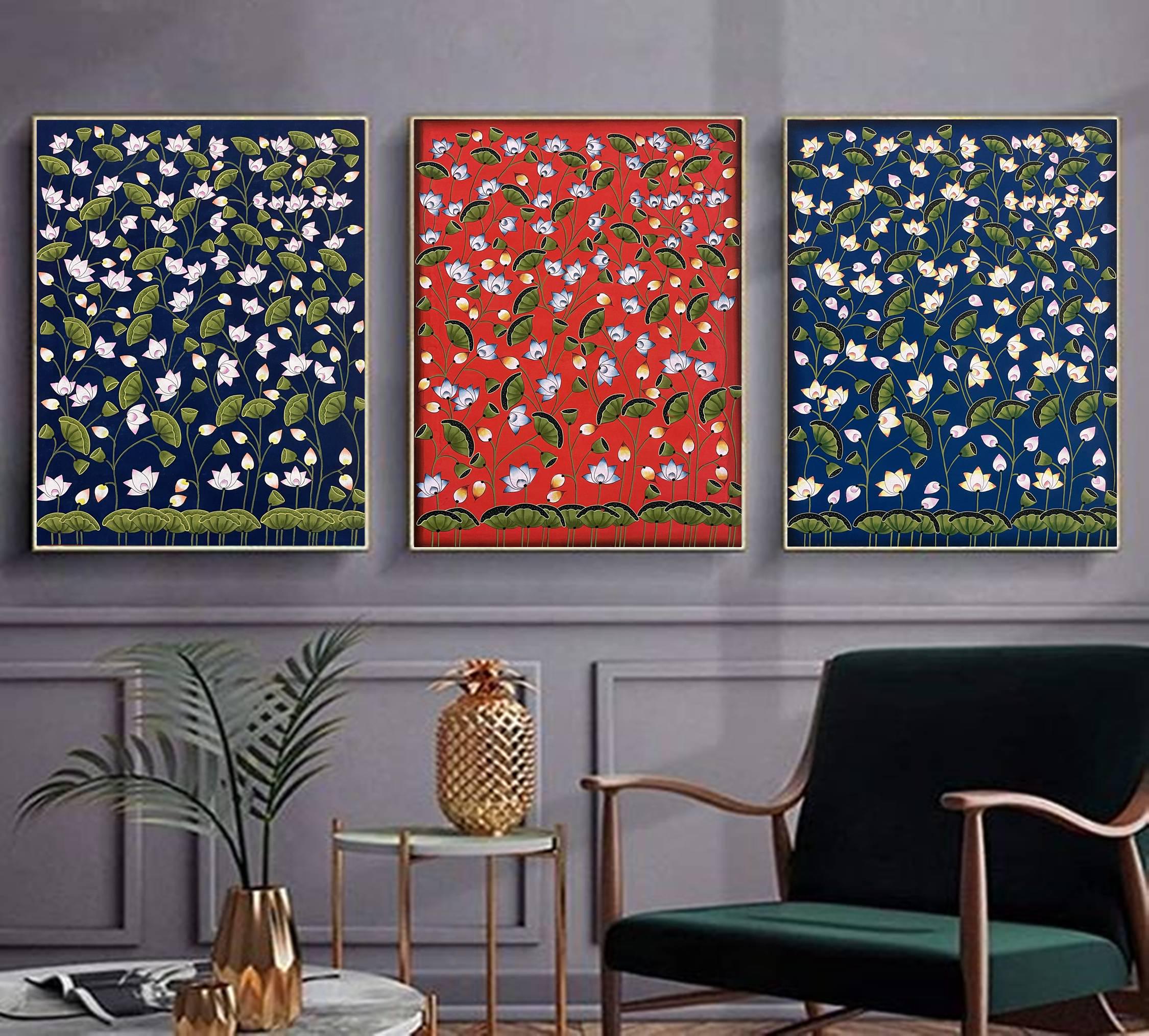 Lot de 3 peintures Pichwai, Peinture indienne Pichwai Lotus Pond, Art déco et Peinture indienne