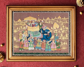Royal Safari Detailed Miniature Handmade Indian Folk Painting, An Indian Royal Procession Painting, Wall Painting, Wall hanging