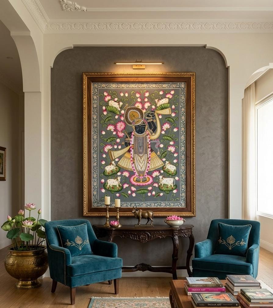 Shrinathji Pichwai Painting, Handmade Cow Art, Indian Home Decor