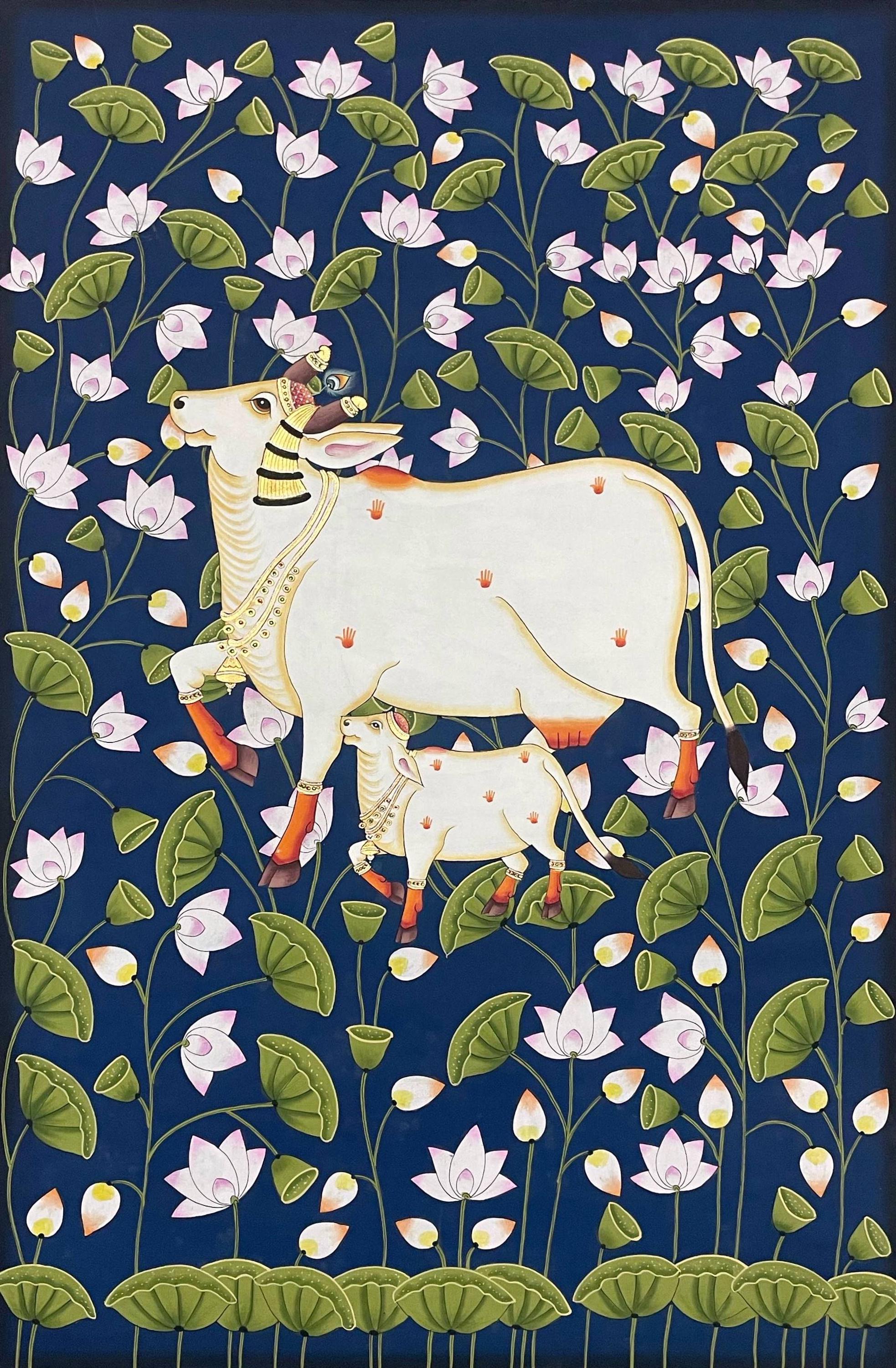 インド手描きピチャワイ画　牛と蓮の花の絵画 牛のピチワイ絵画、インドの大型民芸品、蓮の装飾 - Etsy 日本