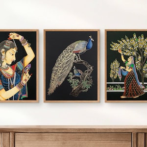 Set of 3 Paintings, Shringaar Painting, Peacock Painting and lady Painting, Painting For Home Decor, Wall Art
