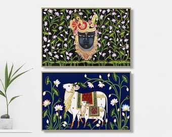 Shrinathji Pichwai Painting Set, Cow Art, Indian Home Decor