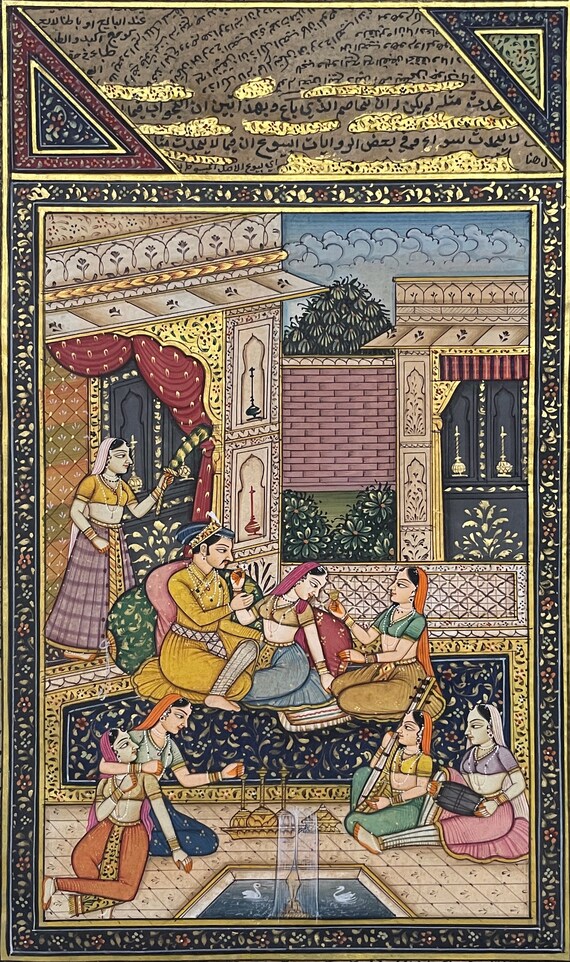 Antique Paper Miniature Painting of Mughal Courtyard, Collectible