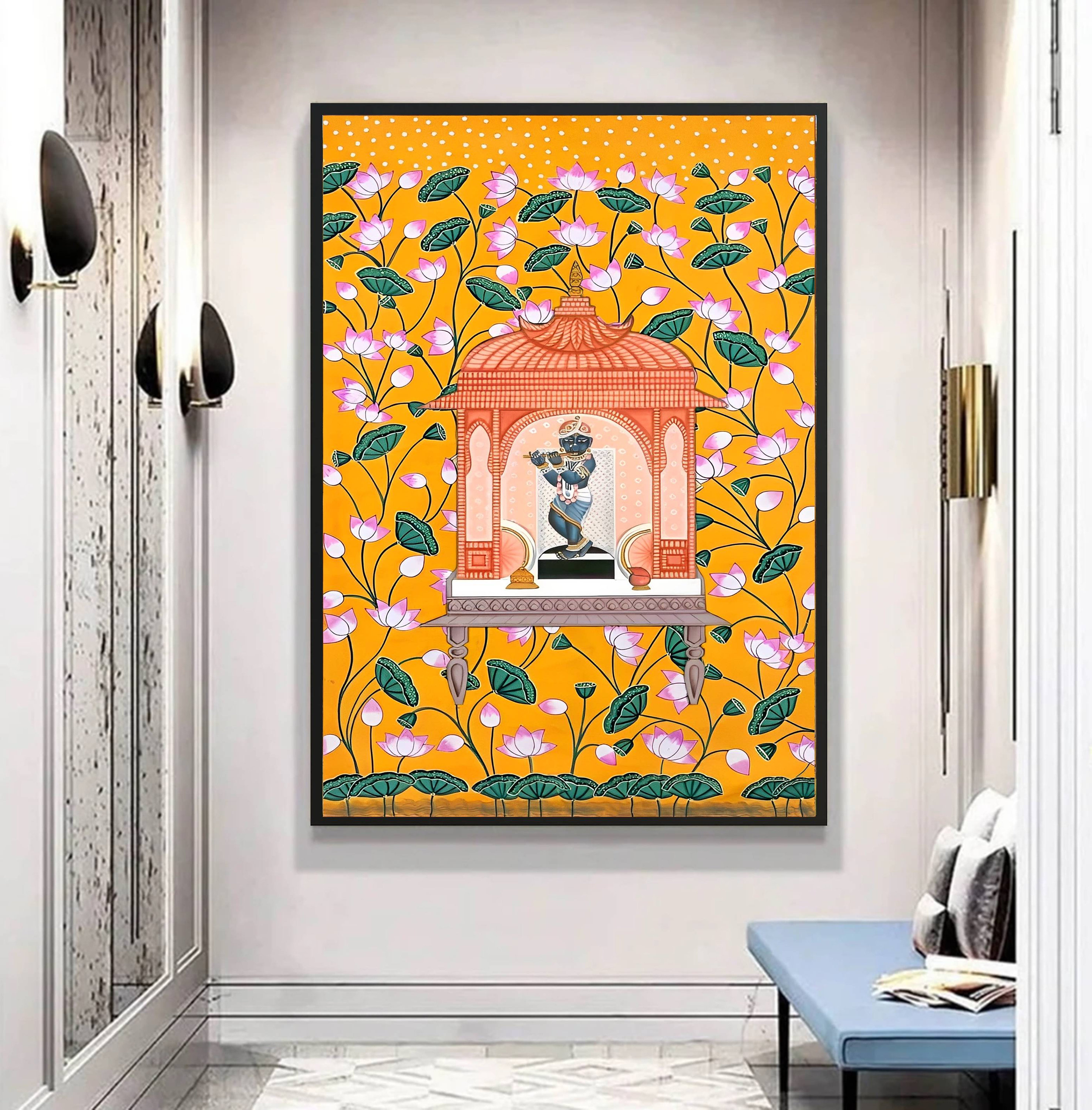 Handmade Shreenathji Pichwai Painting, Natural Stone Color Indian