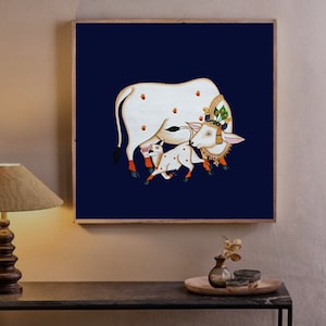 Pichwai Painting Of Cow with Black and White Theme, Large Traditional Indian Pichwai Painting For Home Decor, Wall Hanging, Wall Painting
