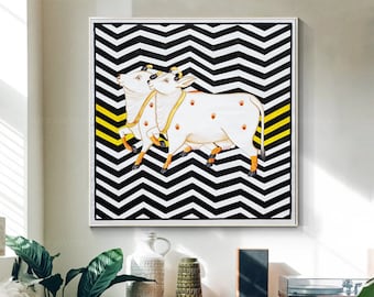 Pichwai Painting Of Cow with Black and White Theme, Large Traditional Indian Pichwai Painting For Home Decor, Wall Hanging, Wall Painting