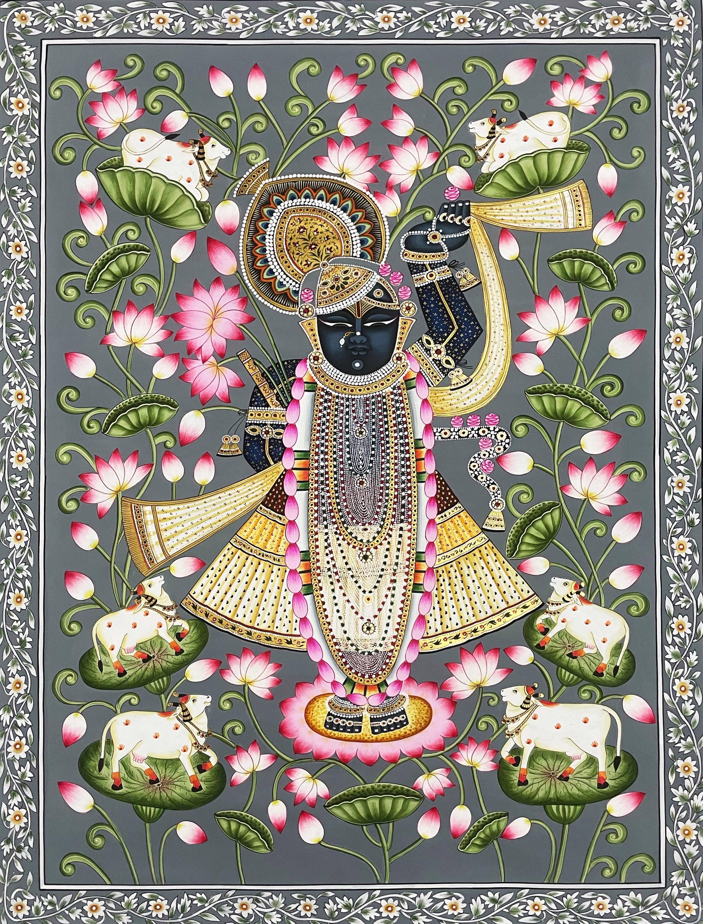 Shrinathji Pichwai Painting, Handmade Cow Art, Indian Home Decor