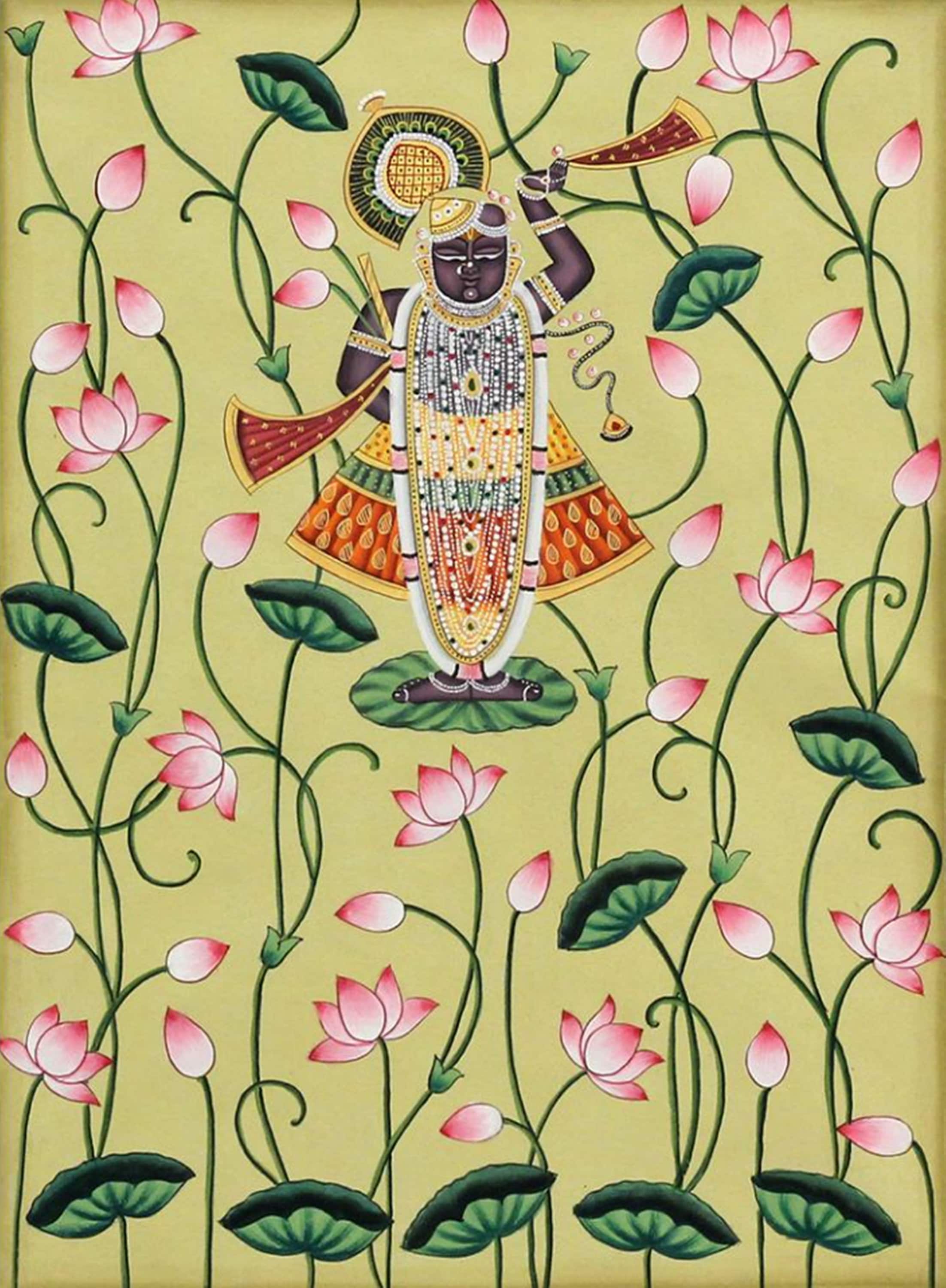 Pichwai Painting of Shreenathji and Lotus Art for Home Decor Pichwai Painting of Shreenathji and Lotus Art for Home Decor