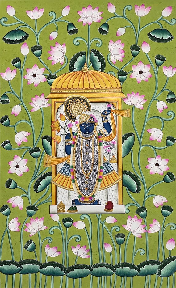 Handmade Shreenathji Pichwai Painting, Natural Stone Color, Indian
