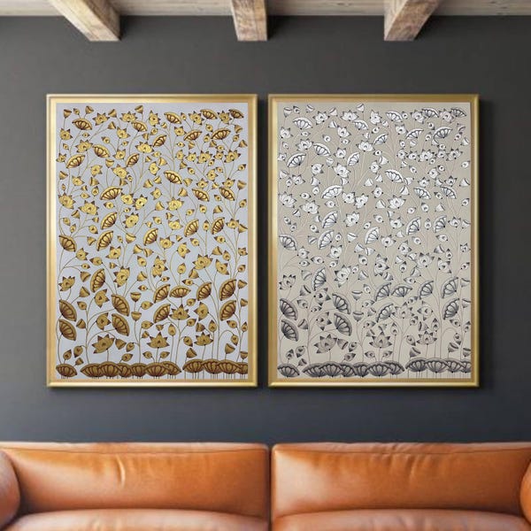 Pichwai Paintings Set of 2, Golden and silver Lotus Pond Indian Pichwai Painting, Home decor Art, Indian painting
