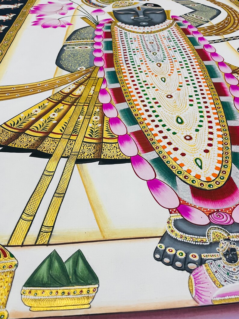 Shrinathji Pichwai-målning, handgjord indisk kokonst, naturstensfärger bild 4