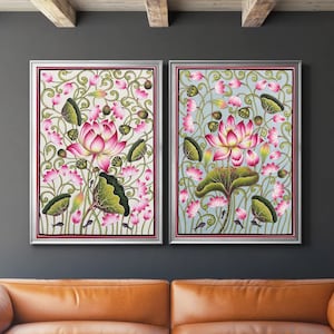 Lotus Pond Set of 2 Pichwai Painting Wall Decor, Handmade Floral Design Natural Stone color on cloth Indian Decor Paintings, Wall Hanging