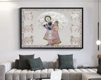 Radha Krishna Detailed Pichwai Handmade Painting On Fabric, Original Krishna Love Scene Wall Hanging Home Decorative Art