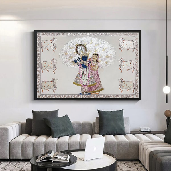 Radha Krishna Detailed Pichwai Handmade Painting On Fabric, Original Krishna Love Scene Wall Hanging Home Decorative Art