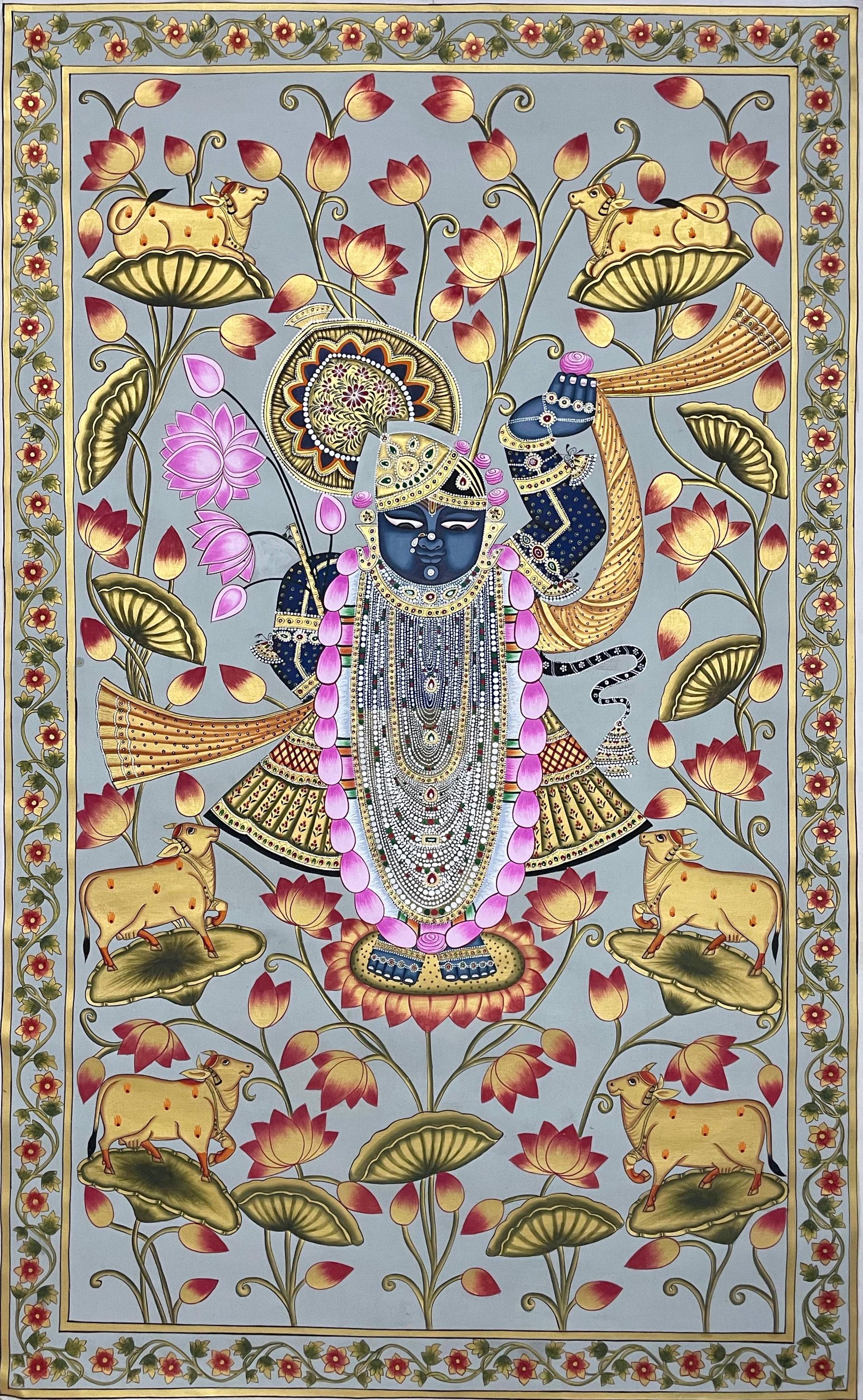 Shrinathji Pichwai Painting, Cow Pichwai Art Handmade Natural