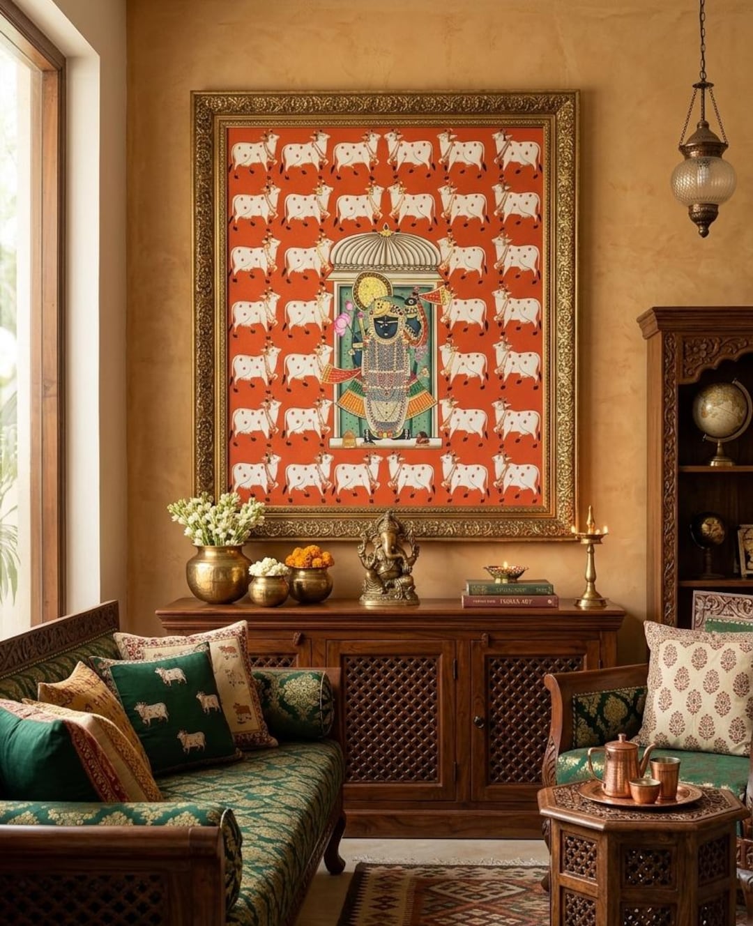Shrinathji Pichwai Painting, Handmade Cow Art, Indian Wall Decor