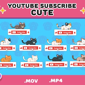 10 efeitos sonoros de sobreposição de botão de inscrição animado do YouTube / animação de desenho animado de gato fofo / configuração de fluxo fofo / vídeo de introdução