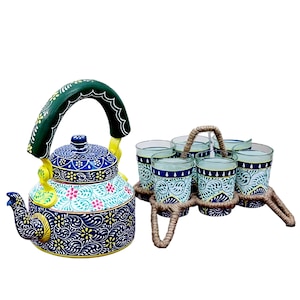 Tea Kettle Set Embossed Floral Kundan Meenakari Mughal Hand Painted Art work Vintage Kettle, Washable, Coffee & Tea Kettle Set For Gift