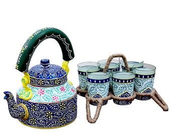 Tea Kettle Set Embossed Floral Kundan Meenakari Mughal Hand Painted Art work Vintage Kettle, Washable, Coffee & Tea Kettle Set For Gift