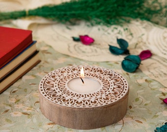 Bougeoir photophore en forme de mandala fait main en bois pour Diwali, nouvel an, cadeau de Noël pour la décoration de la maison, idée déco d'étagère