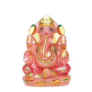 Rose Quartz Ganesha Statue: Handmade Gemstone Painting, Home Decor