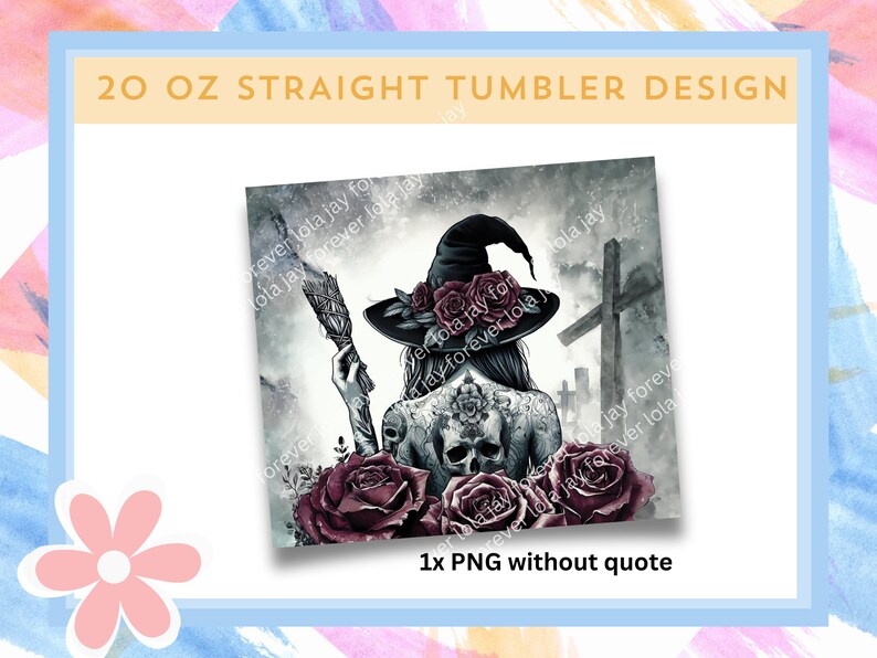 May include: A digital design featuring a witch with a black hat and roses, holding a broom in front of a graveyard. The design is perfect for a 20 ounce straight tumbler.